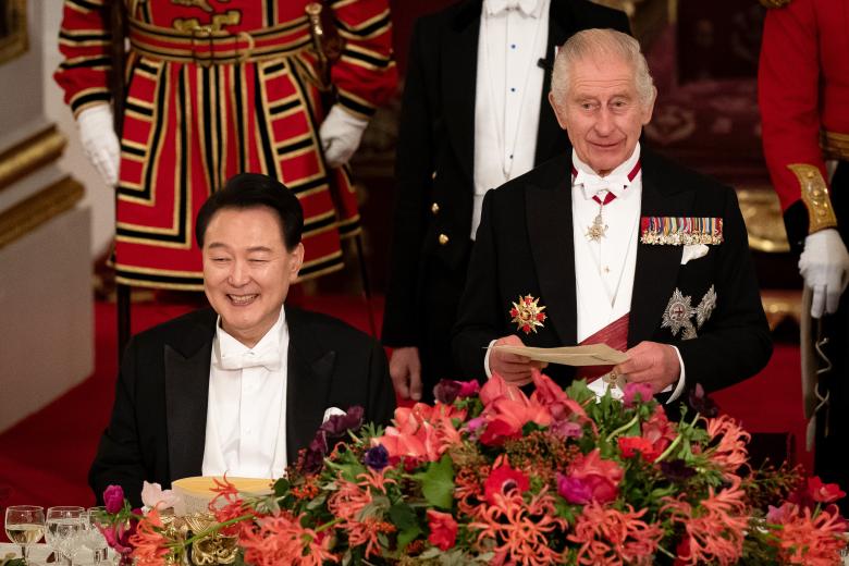 President of South Korea Yoon Suk Yeol with King Charles III during the state banquet in London, for his state visit on Tuesday November 21, 2023.