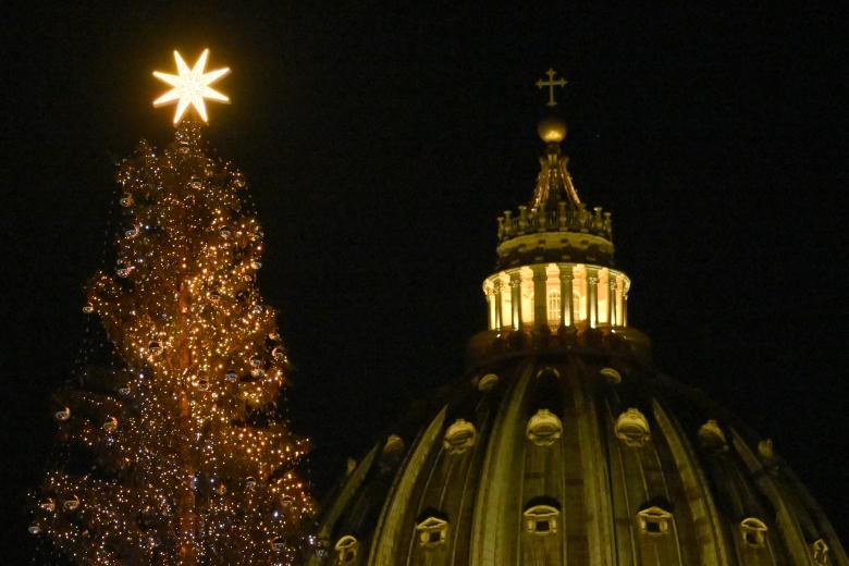 Una imagen muestra el árbol de Navidad encendido con la cúpula de la basílica de San Pedro al fondo