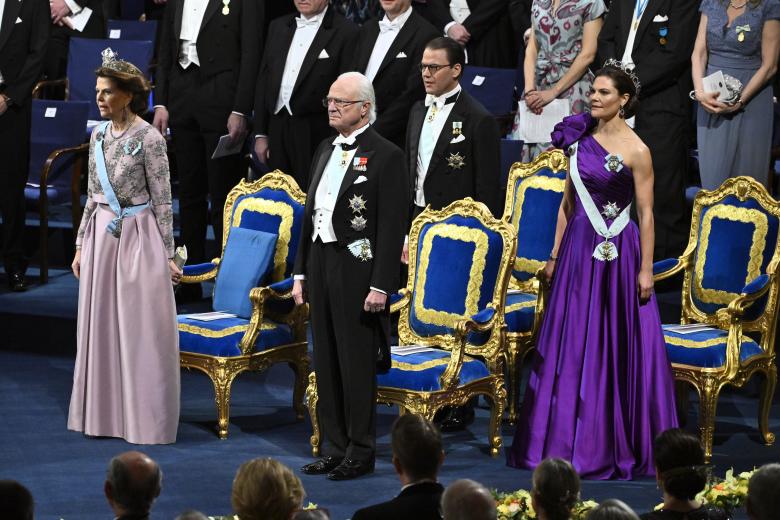 Sweden's Queen Silvia, King Carl Gustaf, Prince Daniel and Crown Princess Victoria during the Nobel Banquet at the Stockholm City Hall on Sunday. December 10, 2023.