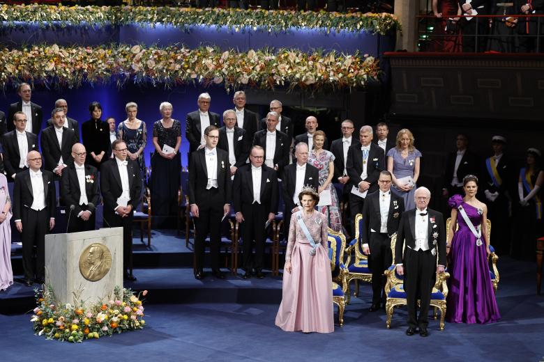 Queen Sonja, Crown Prince Haakon and Crown Princess Mette-Marit during the Nobel Banquet at the Stockholm City Hall on Sunday. December 10, 2023.