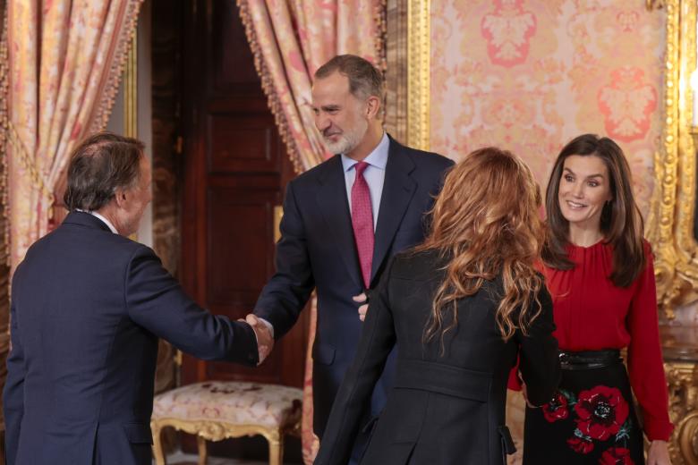Spanish King Felipe VI and Letizia during a hearing with the representation of the members of  Patronato de la Fundacion Princesa de Girona  in the RoyalPalace in Madrid on Wednesday, 13 December 2023.