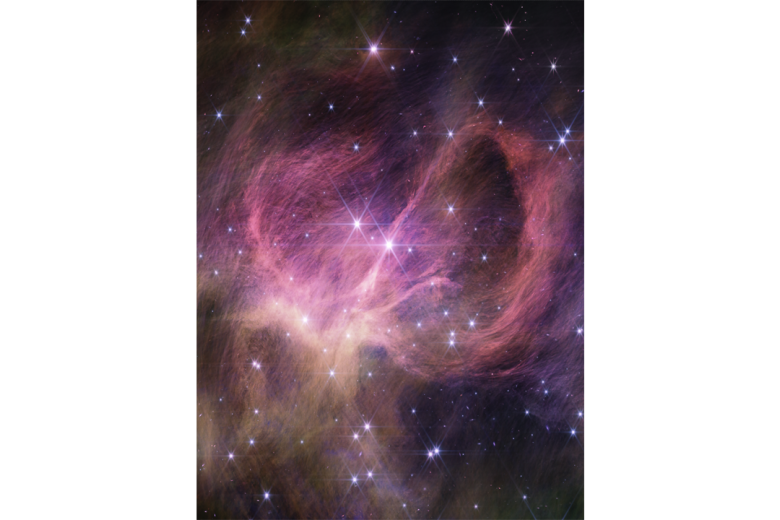 Región central del cúmulo estelar IC 348.

Según reza la descripción de la imagen, «los astrónomos peinaron el cúmulo en busca de diminutas enanas marrones que flotan libremente: objetos demasiado pequeños para ser estrellas. pero más grandes que la mayoría de los planetas (...). Las tenues cortinas que cubren la imagen son material interestelar que refleja la luz de las estrellas del cúmulo, lo que se conoce como nebulosa de reflexión. El material también incluye moléculas que contienen carbono conocidas como hidrocarburos aromáticos policíclicos o PAH. La estrella brillante más cercana al centro de la imagen es en realidad un par de estrellas de tipo B en un sistema binario, que son las estrellas más masivas del cúmulo. Los vientos de estas estrellas pueden ayudar a esculpir el gran lazo que se ve en el lado derecho del campo de visión».