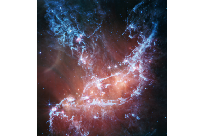 NGC 346

«En esta imagen, el azul representa silicatos y moléculas químicas con hollín conocidas como hidrocarburos aromáticos policíclicos o HAP. Una emisión roja más difusa brilla desde el polvo cálido calentado por las estrellas más brillantes y masivas en el corazón de la región. Las manchas y filamentos brillantes marcan áreas con abundante cantidad de protoestrellas».