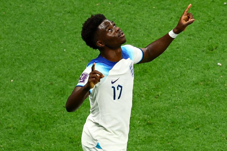 Bukayo Saka of England celebrates his goal, 3-0
England v Senegal, FIFA World Cup 2022, Round of 16, Football, Al Bayt Stadium, Al Khor, Qatar - 04 Dec 2022 *** Local Caption *** .