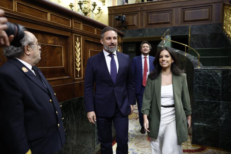 Santiago Abascal and Pepa Millan  during the session of investiture President in the Congress of Deputies in Madrid, Spain, Friday 29 September 2023.