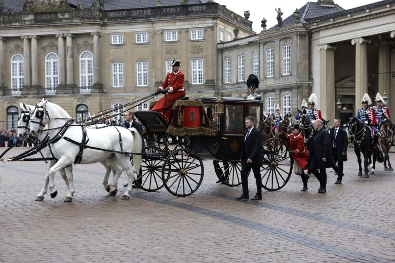 Copenhagen (Denmark), 14/01/2024.- Denmark's Queen Margrethe is escorted by the Guard Hussar Regiment's Mounted Squadron from Amalienborg Castle to Christiansborg Castle for her abdication and change of throne in Copenhagen, Denmark, 14 January 2024. Denmark's Queen Margrethe II announced in her New Year's speech on 31 December 2023 that she would abdicate on 14 January 2024, the 52nd anniversary of her accession to the throne. Her eldest son, Crown Prince Frederik, is set to succeed his mother on the Danish throne as King Frederik X. His son, Prince Christian, will become the new Crown Prince of Denmark following his father's coronation. (Dinamarca, Copenhague) EFE/EPA/NIKOLAI LINARES DENMARK OUT