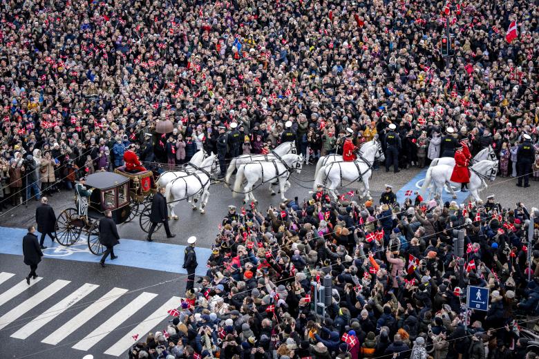 Copenhagen (Denmark), 14/01/2024.- Denmark's Queen Margrethe is escorted by the Guard Hussar Regiment's Mounted Squadron from Amalienborg Castle to Christiansborg Castle for her abdication and change of throne in Copenhagen, Denmark, 14 January 2024. Denmark's Queen Margrethe II announced in her New Year's speech on 31 December 2023 that she would abdicate on 14 January 2024, the 52nd anniversary of her accession to the throne. Her eldest son, Crown Prince Frederik, is set to succeed his mother on the Danish throne as King Frederik X. His son, Prince Christian, will become the new Crown Prince of Denmark following his father's coronation. (Dinamarca, Copenhague) EFE/EPA/IDA MARIE ODGAARD DENMARK OUT