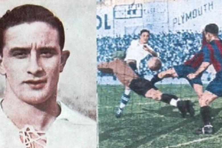 Fernando Sañudo marcó cuatro goles al Barça en la victoria del Real Madrid por 8-2 el 3 de febrero de 1935. En la imagen Fernando Sañudo colgándose del larguero después de anotar uno de los cuatro goles.