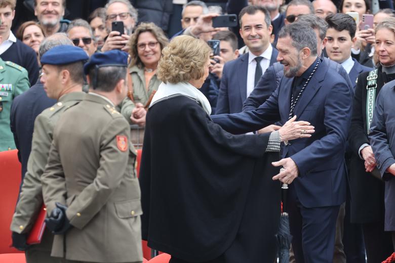 Emeritus Queen Sofia of Greece and Antonio BAnderas  during the procession of Cristo de Mena during Holy Week in Malaga on Thursday 28 MArch 2024.