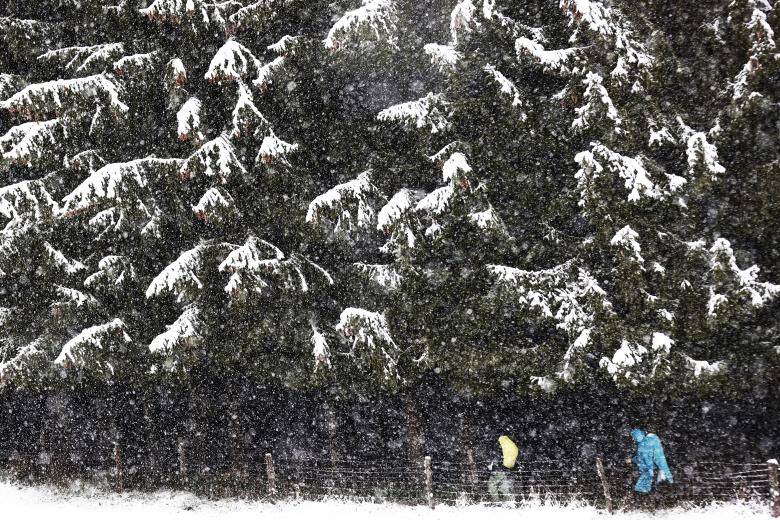 Un grupo de peregrinos en el Camino de Santiago durante la nevada que ha caído a primeras horas de este pasado martes.