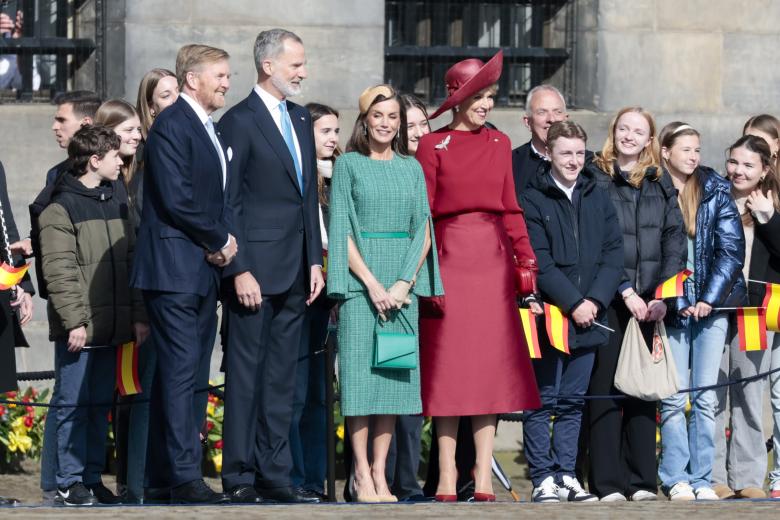 Spanish  Queen Letizia with Queen Maxima during wellcome ceremony on occasion of Spanish King official visit to Netherland in Amsterdam, 16 April 2024.