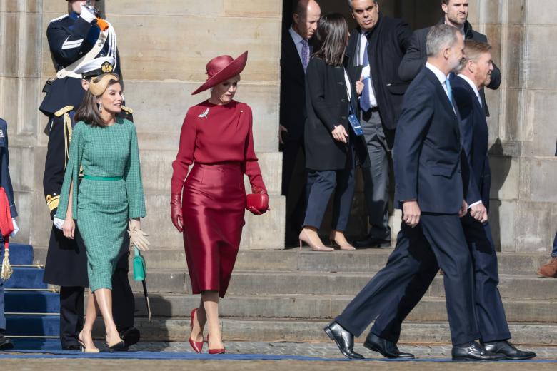 Spanish Queen Letizia and Queen Maxima during wellcome ceremony on occasion of Spanish King official visit to Netherland in Amsterdam, 16 April 2024.