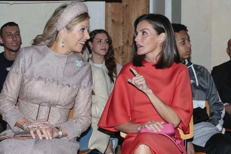 Spanish Queen Letizia and Queen Maxima during a visit to Lab6 headquarters on occasion of SpanishKing official visit to Netherland in Amsterdam on Thursday, 18 April 2024.