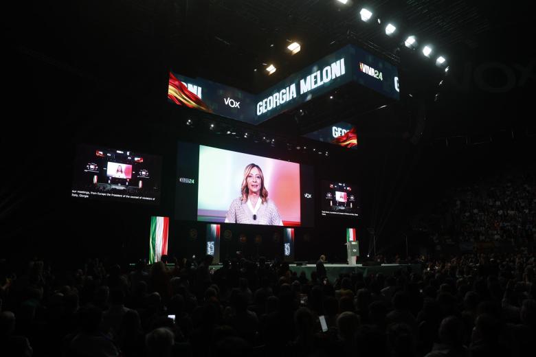La primera ministra de Italia, Giorgia Meloni, durante su intervención telemática en la convención política de Vox "Europa Viva 24"