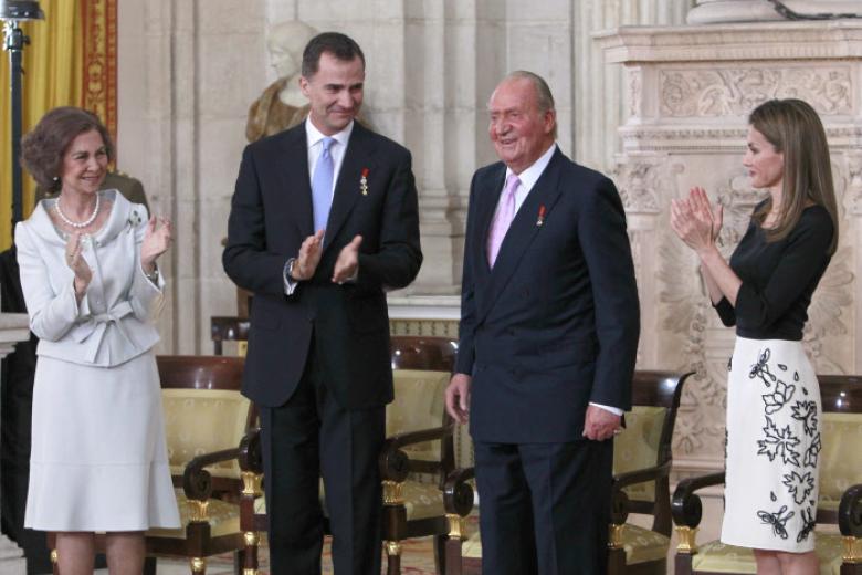 Spanish King Juan Carlos I and Queen Sofia of Greece with Crown Prince Felipe of Borbon and Princess Letizia Ortiz during  the signing of the abdication law of Spain King Juan Carlos at the Royal Palace of Madrid on Wednesday 18th June 2014