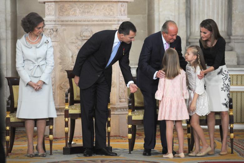 Spanish King Juan Carlos I and Queen Sofia of Greece with Prince Felipe of Borbon and Princess Letizia Ortiz and Princess Leonor and Sofia of Borbon Ortiz during  the signing of the abdication law of Spain King Juan Carlos at the Royal Palace of Madrid on Wednesday 18th June 2014