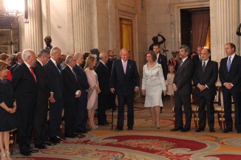 Spanish King Juan Carlos I and Crown Prince Felipe of Borbon during  the signing of the abdication law of Spain King Juan Carlos at the Royal Palace of Madrid on Wednesday 18th June 2014