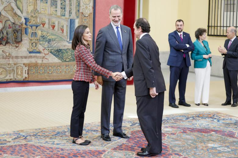 Spanish King Felipe VI and Quee Letizia Ortiz during a meeting with members of Princess of Asturias Foundation in Madrid on Thursday, 13 June 2024.
