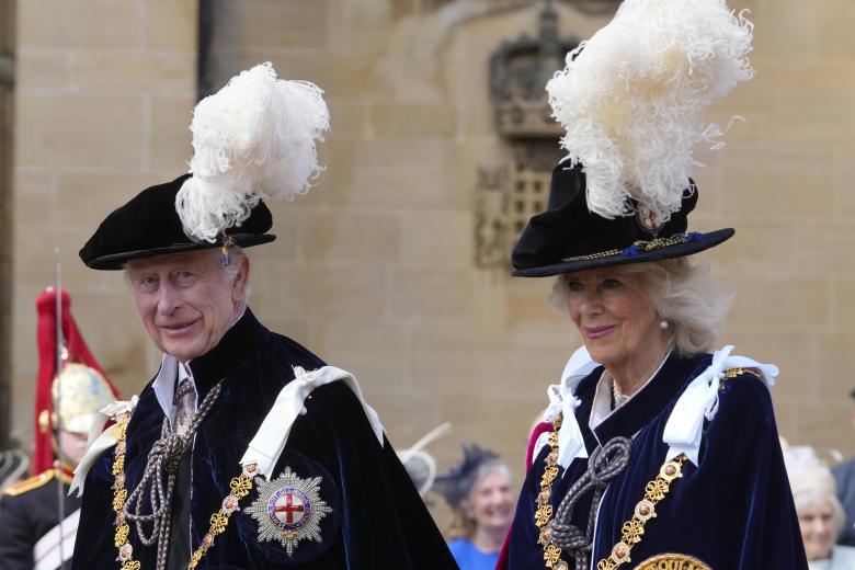 King Charles III and Queen Camilla arrive to attend the annual Order of the Garter Service at St George's Chapel, Windsor Castle, Berkshire. Picture date: Monday June 17, 2024. *** Local Caption *** .