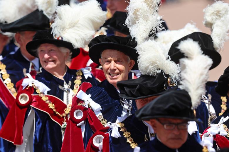 Sir Tony Blair (centre) arrives to attend the annual Order of the Garter Service at St George's Chapel, Windsor Castle, Berkshire. Picture date: Monday June 17, 2024. *** Local Caption *** .