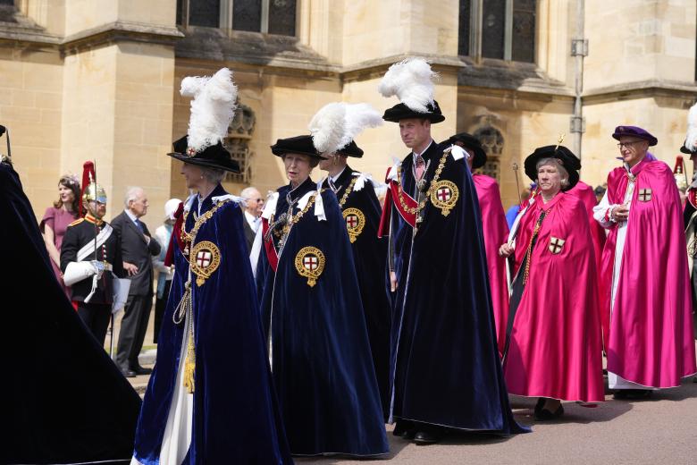 The Duchess of Gloucester (left), the Princess Royal (second from left), the Prince of Wales (third from left) and Sarah Clarke, aka Black Rod (second from right) arrive to attend the annual Order of the Garter Service at St George's Chapel, Windsor Castle, Berkshire. Picture date: Monday June 17, 2024. *** Local Caption *** .