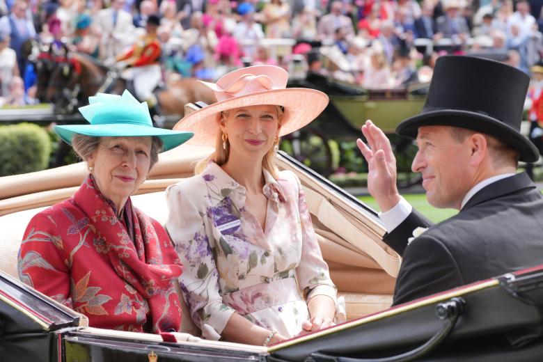 The Princess Royal, Lady Gabriella Kingston and Peter Phillips arrive on day one of Royal Ascot at Ascot Racecourse, Berkshire. Picture date: Tuesday June 18, 2024. *** Local Caption *** .