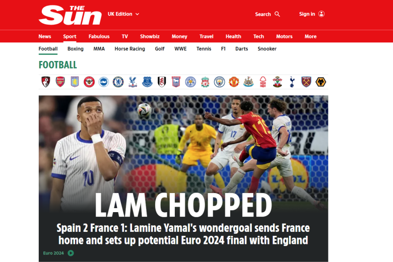 The Sun destaca el partido de Lamine Yamal y habla de Francia como la decepción de la Eurocopa