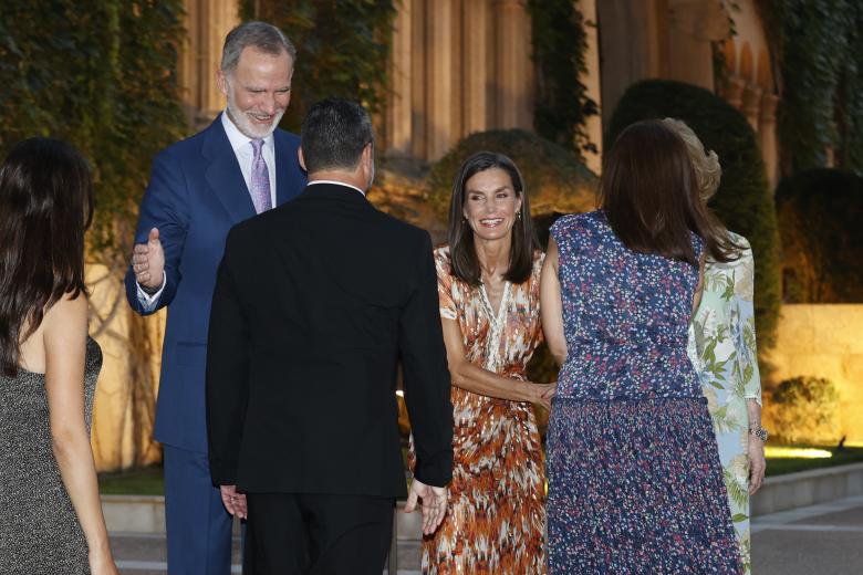 Spanish King Felipe VI and Queen Letizia Ortiz during a reception at the MariventPalace in Palma de Mallorca on Monday, 29 July 2024.