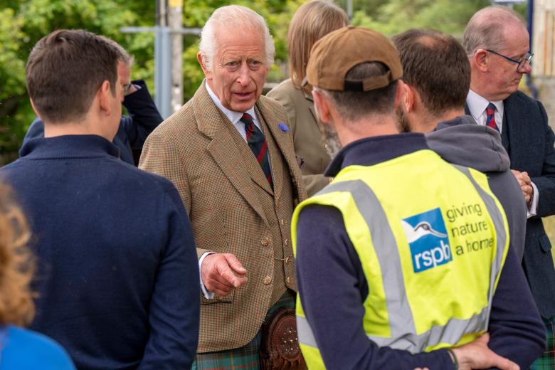 Mandatory Credit: Photo by Jane Barlow/WPA Pool/Shutterstock (14612947d)
King Charles III during his visit to the Forsinard Flows Visitor Centre in Forsinard, Highland, which was recently given World Heritage Site status, to meet with Flow Country Partnership staff, local residents, families and young people.
King Charles III visit to the Forsinard, Highland, Scotland, UK - 31 Jul 2024 *** Local Caption *** .