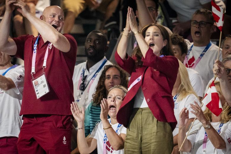 Danish Queen Mary is present the Danish women'shandball game during the Paris 2024 Olympic Games in South Paris Arena 6 in Paris, Tuesday, July 30, 2024..