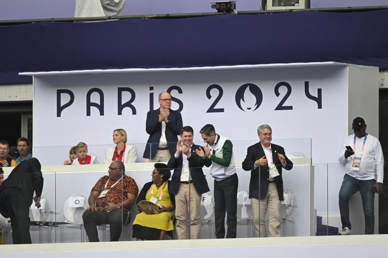 Prince Albert of Monaco, Princess Charlene and their children Princess Gabriella and Prince Jacques at RugbySevens semi Final during 2024 Olympic summer games, Paris 2024, Paris, France on 27 July 2024.