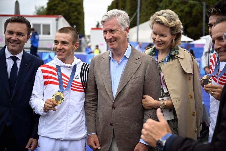 Cyclist Remco Evenepoel meet Queen Mathilde and King Philippe - Filip of Belgium after the men's time trial event at the Paris 2024 Olympic Games, on Saturday 27 July 2024 in Paris, France .