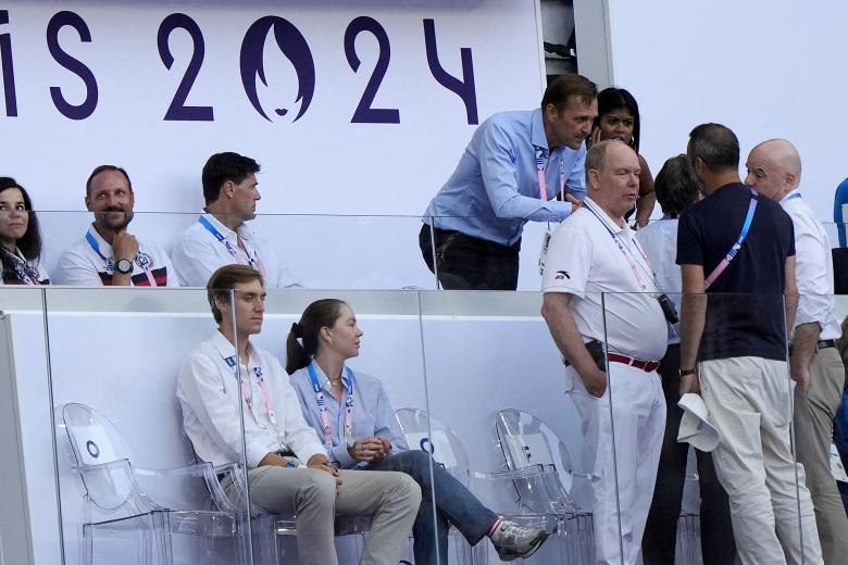 Crown Prince Haakon of Norway, Alexandra of Hannover, boyfriend Ben Sylvester Strautmann, Prince Albert II of Monaco at the athleticsevent during the Paris 2024 Olympic Games at Stade de France in Saint-Denis, north of Paris, on August 06, 2024.