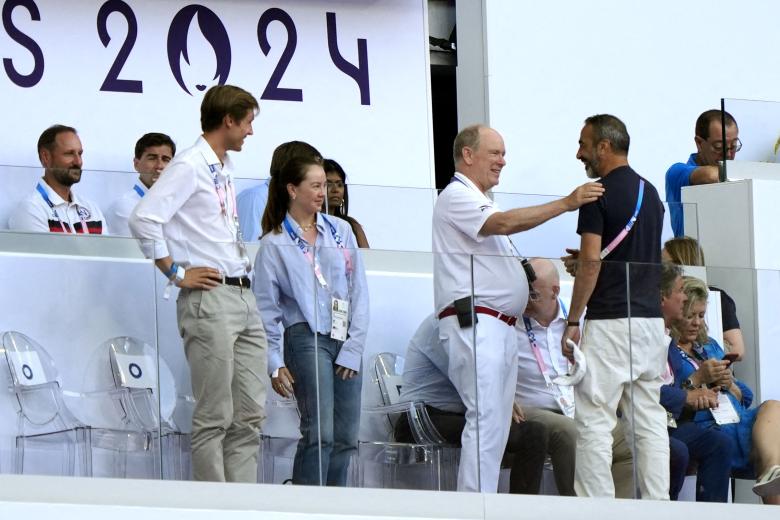 Crown Prince Haakon of Norway, Alexandra of Hannover, boyfriend Ben Sylvester Strautmann, Prince Albert II of Monaco at the athleticsevent during the Paris 2024 Olympic Games at Stade de France in Saint-Denis, north of Paris, on August 06, 2024.