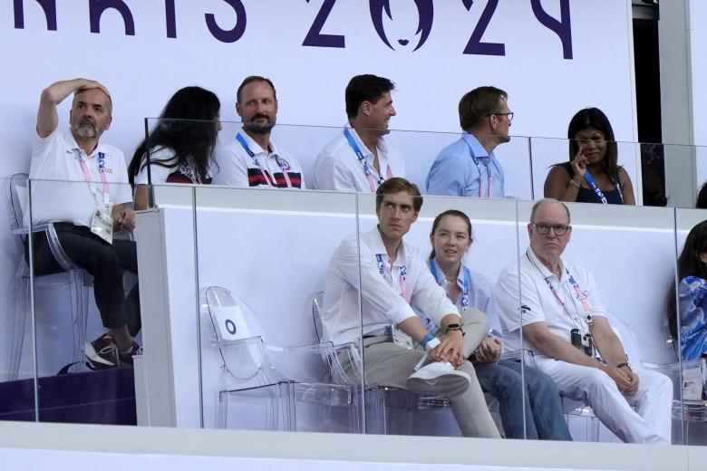 Crown Prince Haakon of Norway, Alexandra of Hannover, boyfriend Ben Sylvester Strautmann, Prince Albert II of Monaco at the athleticsevent during the Paris 2024 Olympic Games at Stade de France in Saint-Denis, north of Paris, on August 06, 2024.