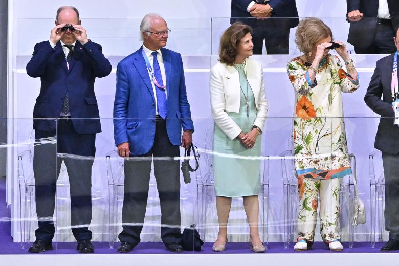 Albert II, Prince of Monaco, King Carl XVI Gustaf of Sweden, Queen Silvia of Sweden and Queen Sofía of Spain during the closing ceremony of the 2024 Paris Olympic Games, at the Stade de France in Paris, France on August 11, 2024. Photo by Laurent Zabulon/ABACAPRESS.COM