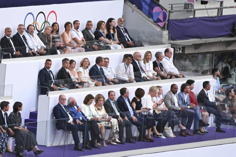 Albert II, Prince of Monaco, King Carl XVI Gustaf of Sweden, Queen Silvia of Sweden and Queen Sofía of Spain during the closing ceremony of the 2024 Paris Olympic Games, at the Stade de France in Paris, France on August 11, 2024. Photo by Laurent Zabulon/ABACAPRESS.COM