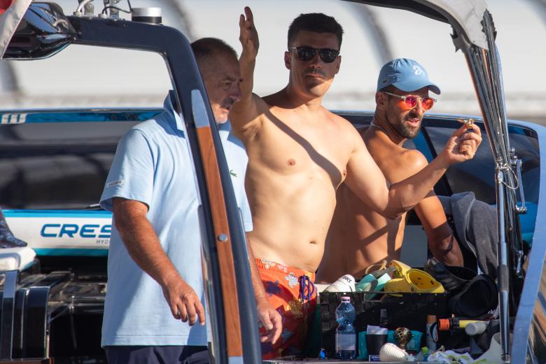 Serbian tennis player Novak Djokovic with his family and friends on boat at Orsan, Dubrovnik on August 11, 2024.