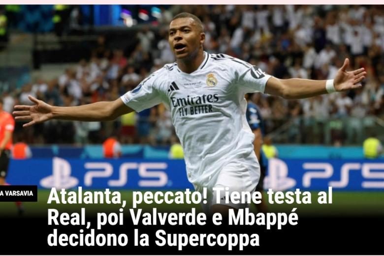 El periódico italiano La Gazzetta dello Sport abre su página web con el titular: "Atalanta, ¡qué pena! Mantuvieron a raya al Real, luego Valverde y Mbappé decidieron la Eurocopa