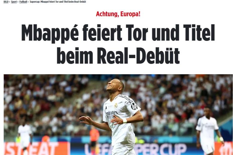 El diario alemán Bild también se rindió al triunfo del equipo de Ancelotti con el siguiente titular: "Mbappé celebra el gol y el título en su debut con el Real Madrid"