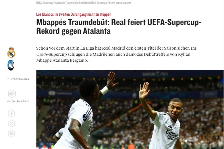 El diario alemán Kicker también se hizo eco del debut de Mbappé con el Real Madrid: "Debut soñado de Mbappé: el Real Madrid celebra el récord de la Supercopa de la UEFA ante la Atalanta