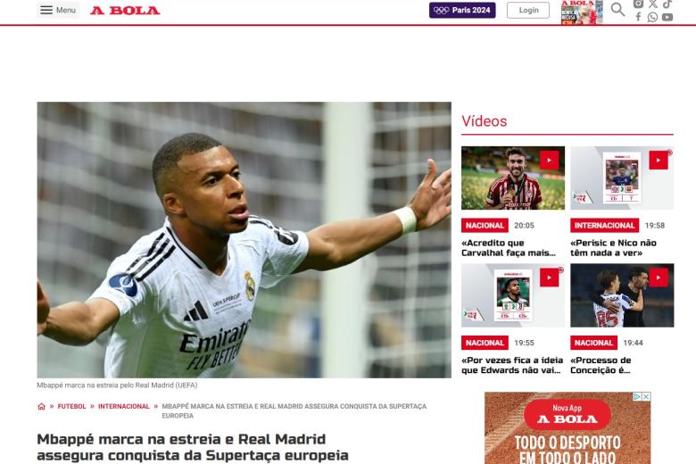 El periódico portugués A Bola habló del triunfo del Madrid de la siguiente manera: "Mbappé marca en su debut y el Real Madrid se asegura el triunfo en la Supercopa de Europa"