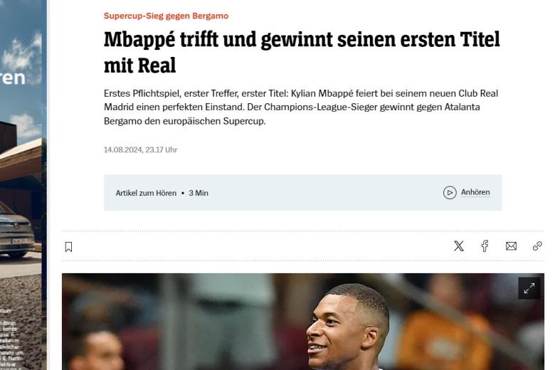 El diario alemán Spiegel tituló el éxito del Madrid de la siguiente manera: "Mbappé marca y gana su primer título con el Real"