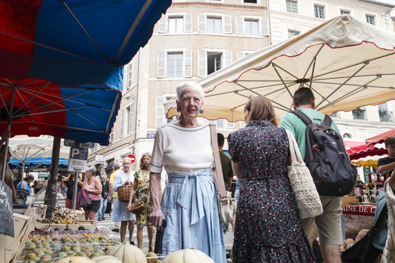 The queen of the covered market, at the stall, Label Rouge beef. Queen Margrethe II of Denmark has taken up summer residence at the Cayx Castle, owned by the Danish royal family in the Lot department. True to form, we find her shopping in the Cahors market. France, Cahors on 17 July 2024. Photo by Patricia Huchot-Boissier/ABACAPRESS.COM