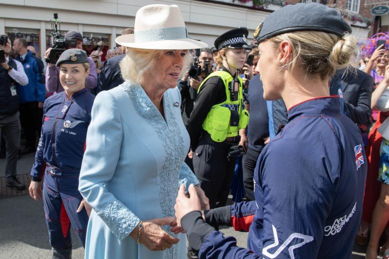 Queen Camilla (centre left) during a visit to open the Bustardthorpe Development at York Racecourse, which has been designed to improve the experience for racegoers and has sustainability at its heart, with rainwater harvest tanks, solar panels and a living roof during day four of the Sky Bet Ebor Festival at York Racecourse. Picture date: Saturday August 24, 2024. *** Local Caption *** .