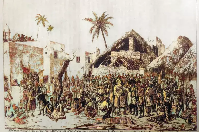 Dibujo de un mercado de esclavos en Zanzíbar en 1860