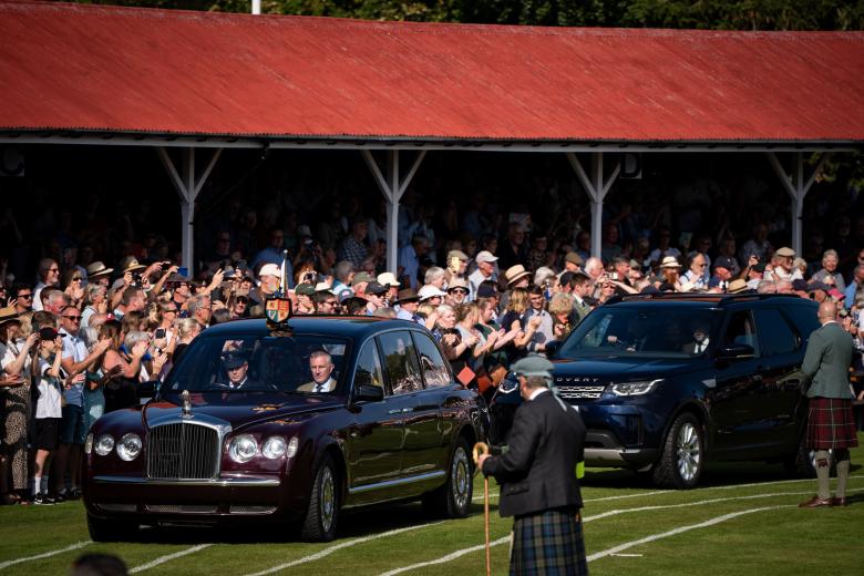 King Charles III and Queen Camilla arriving for the Braemar Gathering highland games at the Princess Royal and Duke of Fife Memorial Park held a short distance from the royals' summer retreat at the Balmoral estate in Aberdeenshire. Picture date: Saturday September 7, 2024. *** Local Caption *** .