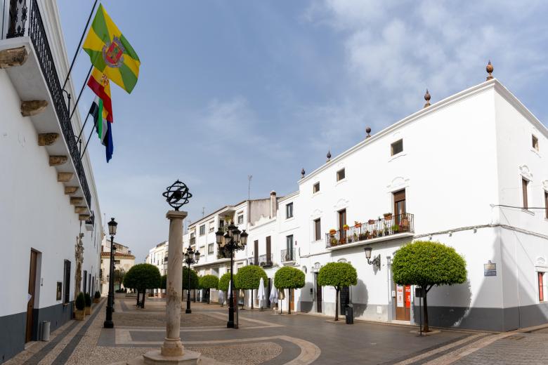 Olivenza, Spain - 27 March, 2022: orange trees and whitewashed buildings under a blue sky on the Plaza de la Constitucion Square