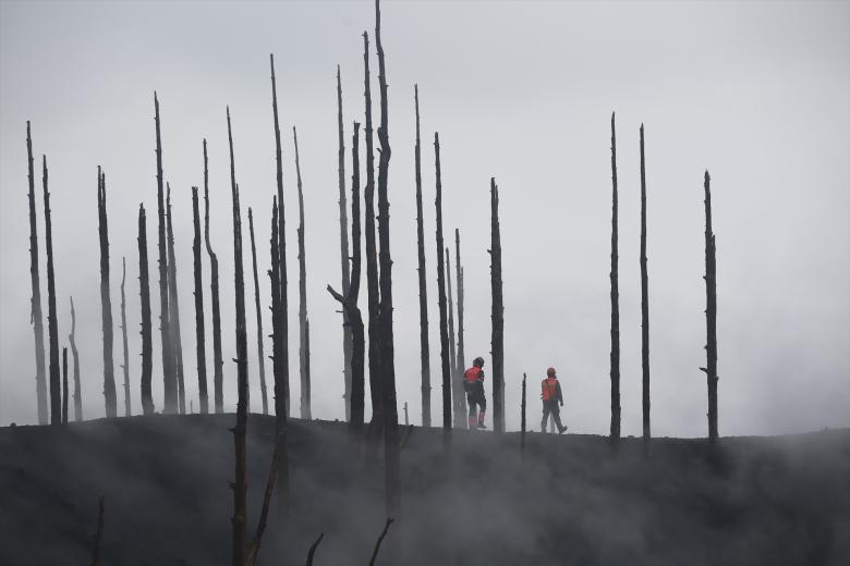 Varios bomberos acceden a una de las zonas restringidas de La Palma 'El Pilar', afectada por la erupción del volcán de Cumbre Vieja.