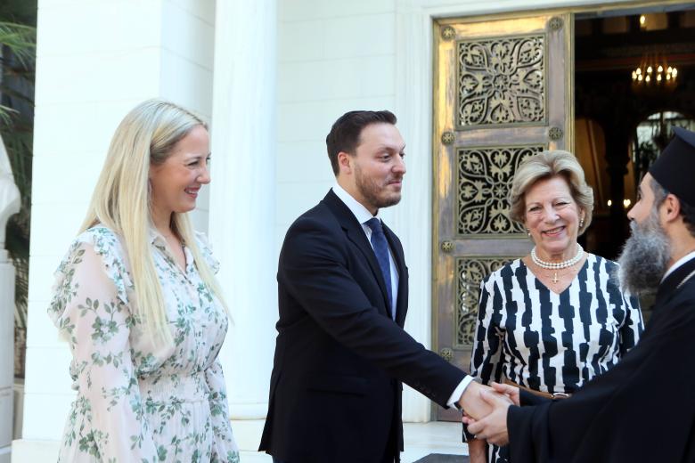 Princess Theodora of Greece with Matthew Kumar and her mother, Queen Anne-Marie of Greece met with Orthodox Archbishop in his office.